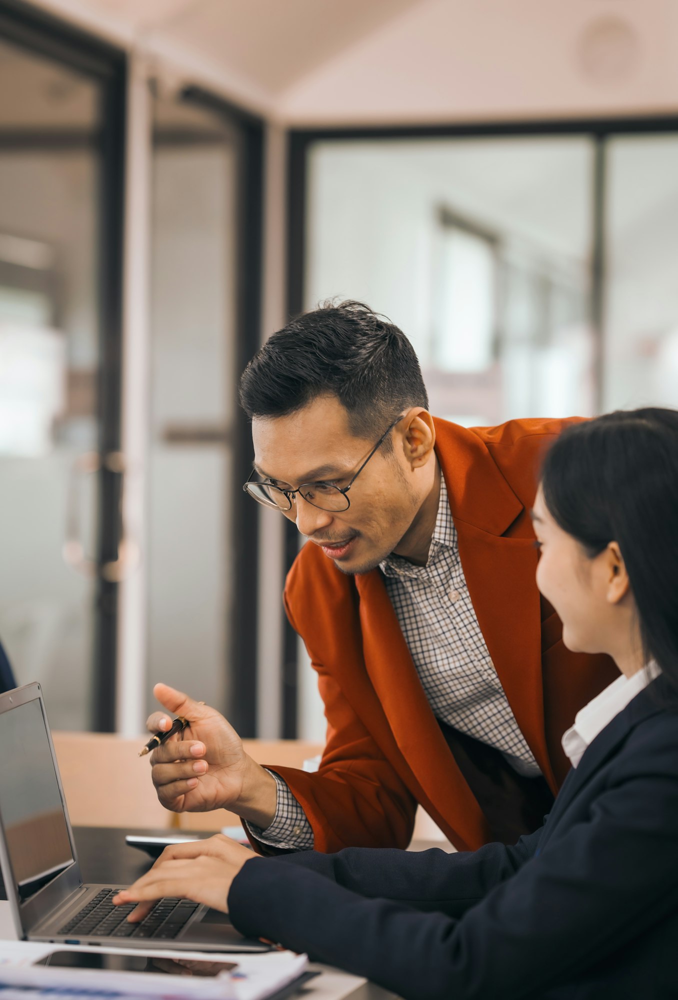 Asian people in office, group meeting in boardroom, working together, annual discuss opinions